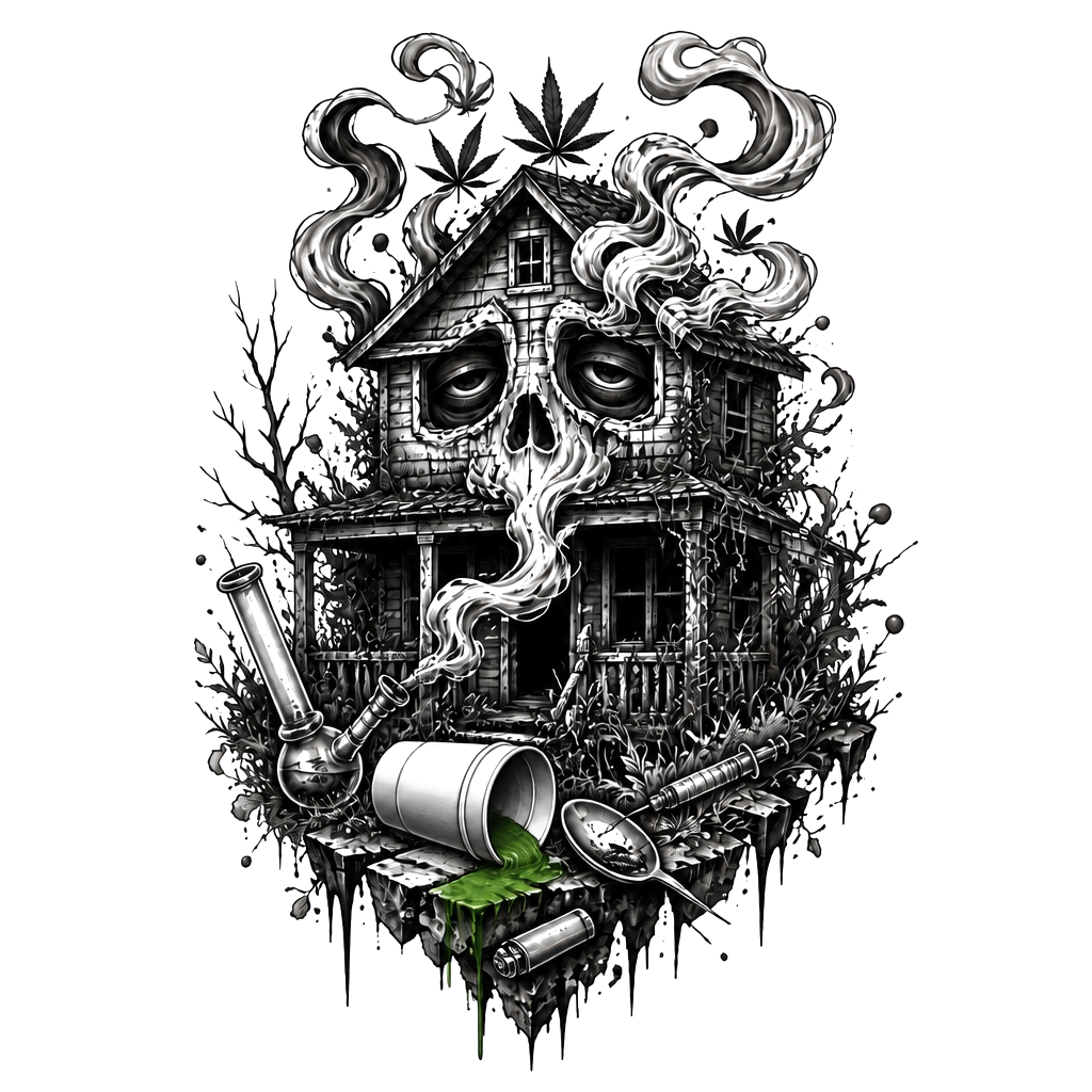 An abandoned house exhaling curling weed smoke, with scattered drug paraphernalia subtly embedded in the overgrown, deserted surroundings.