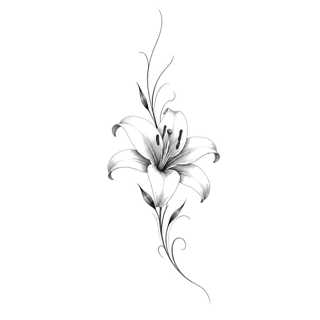 fleur (la vraie fleur de la nature) de lys en bas du ventre à droite avec des légers traits qui vont en haut et en bas du ventre de 15 cm