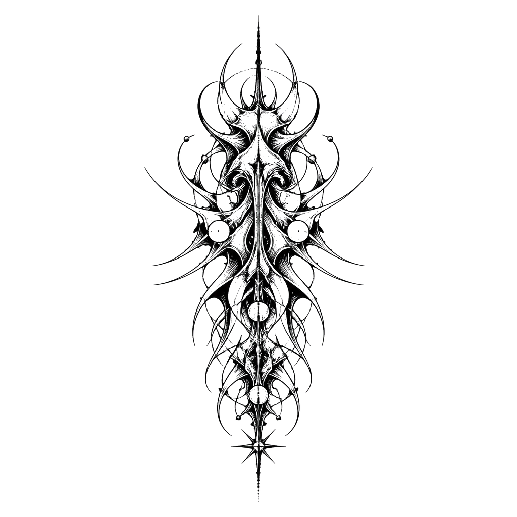 A vertical blackwork tattoo of an abstract, highly intricate ornamental symbol, with a strong central spine and roughly symmetrical organic forms extending outward. The design is composed of flowing curved shapes, sharp pointed extensions, layered loops, small circular forms, star-like geometric details, and dense black ink sections. It has an unusual surreal, almost anatomical appearance, but should not clearly resemble any specific animal, insect, flower, or object. Fine hand-drawn black lines