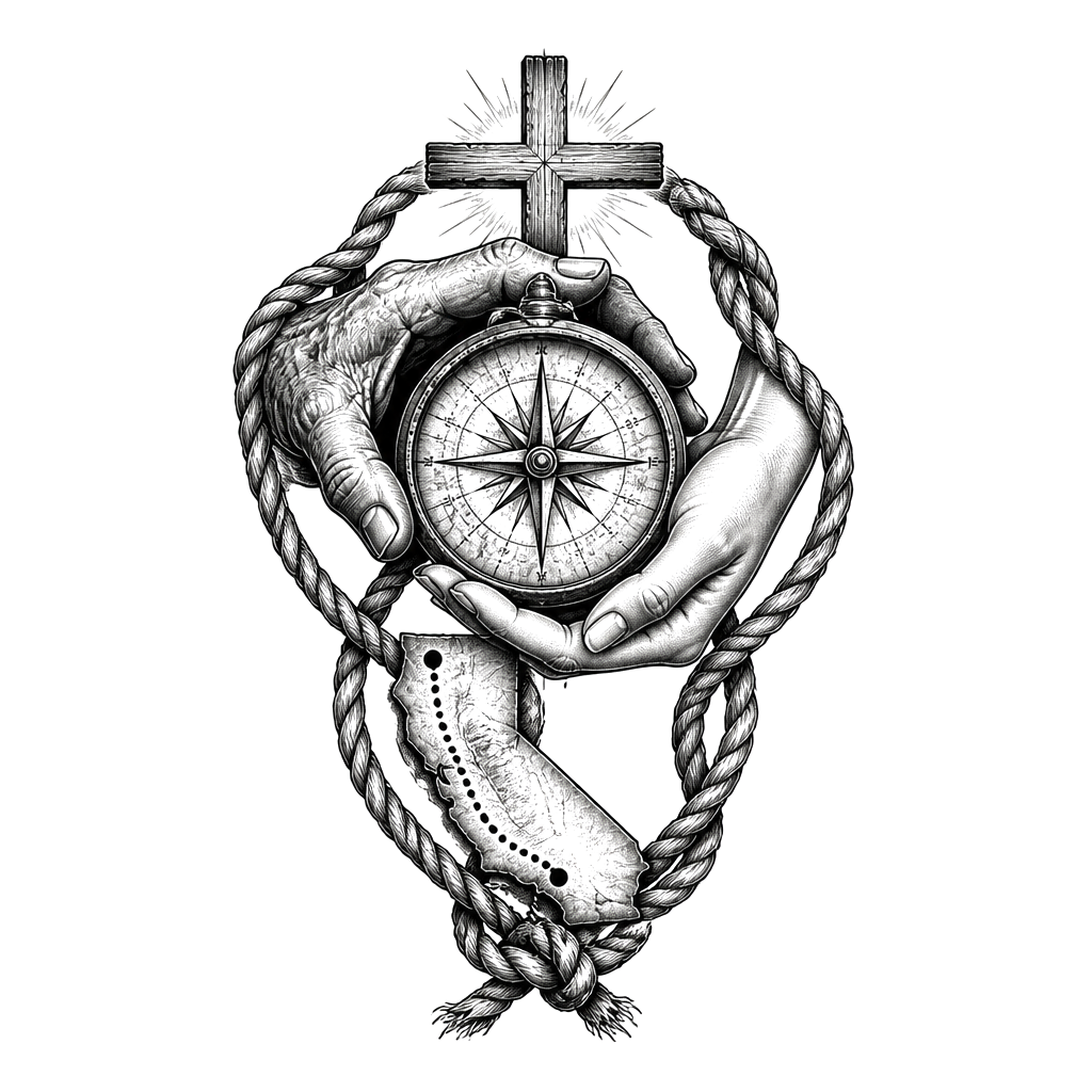 A weathered compass from Long Beach to Oregon, anchored by a grandfather’s guiding hand and a single mother’s protective hand beneath a cross, bound by an unbroken rope.