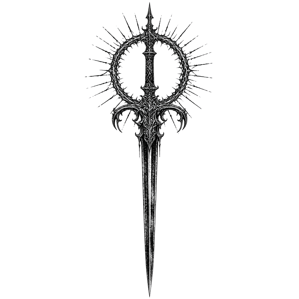 A vertical blackwork tattoo design featuring an ornate, gothic medieval sword viewed straight-on. The sword has an extremely long, narrow, pointed blade extending downward, with a dark distressed ink texture along the blade. The hilt is highly elaborate and symmetrical, featuring sharp, curling ornamental details and small gothic flourishes. Behind the upper part of the sword is a large circular halo made from a rough, thorn-like ring, surrounded by many thin, irregular black rays