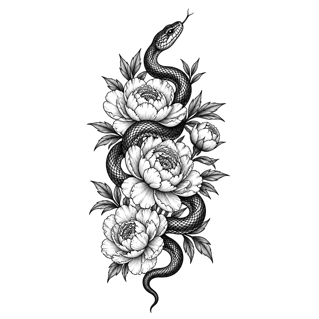 A snake winding up the thigh through a cluster of peonies