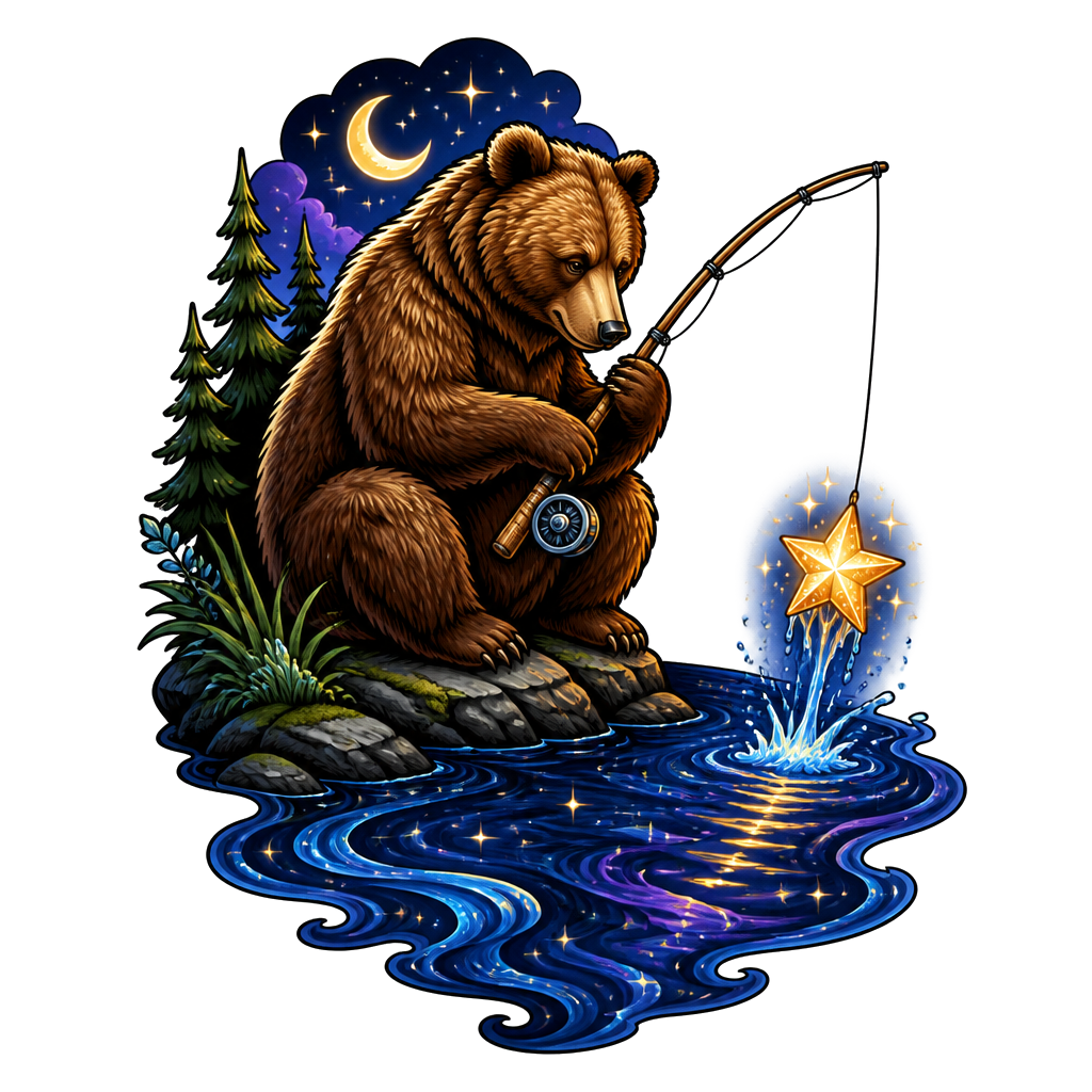 A bear fishing a star out of a midnight river