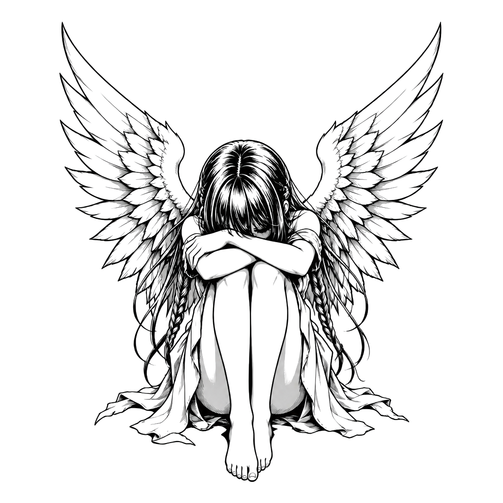 A girl with wings sitting down with her head down