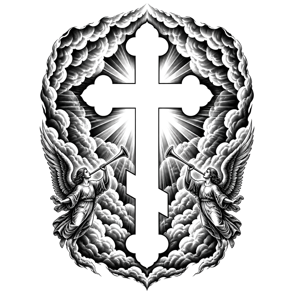 Full back piece. Center piece from bottom of neck to just above waist line being Christian orthodox cross in negative space. Use clouds and some sub rays in the back ground the border around the top. Add two angels blowing trumpets as a piece on either side on the lower corners. Make the cross as big as possible and look good.