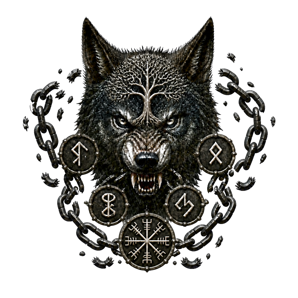 Fenrir’s snarling head centered on the forehead, Yggdrasil roots spreading toward the temples, broken chains flowing from its jaws and wrapping around the neck.