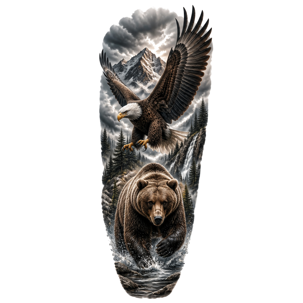 Bald eagle and Grizzly bear on an arm sleeve.