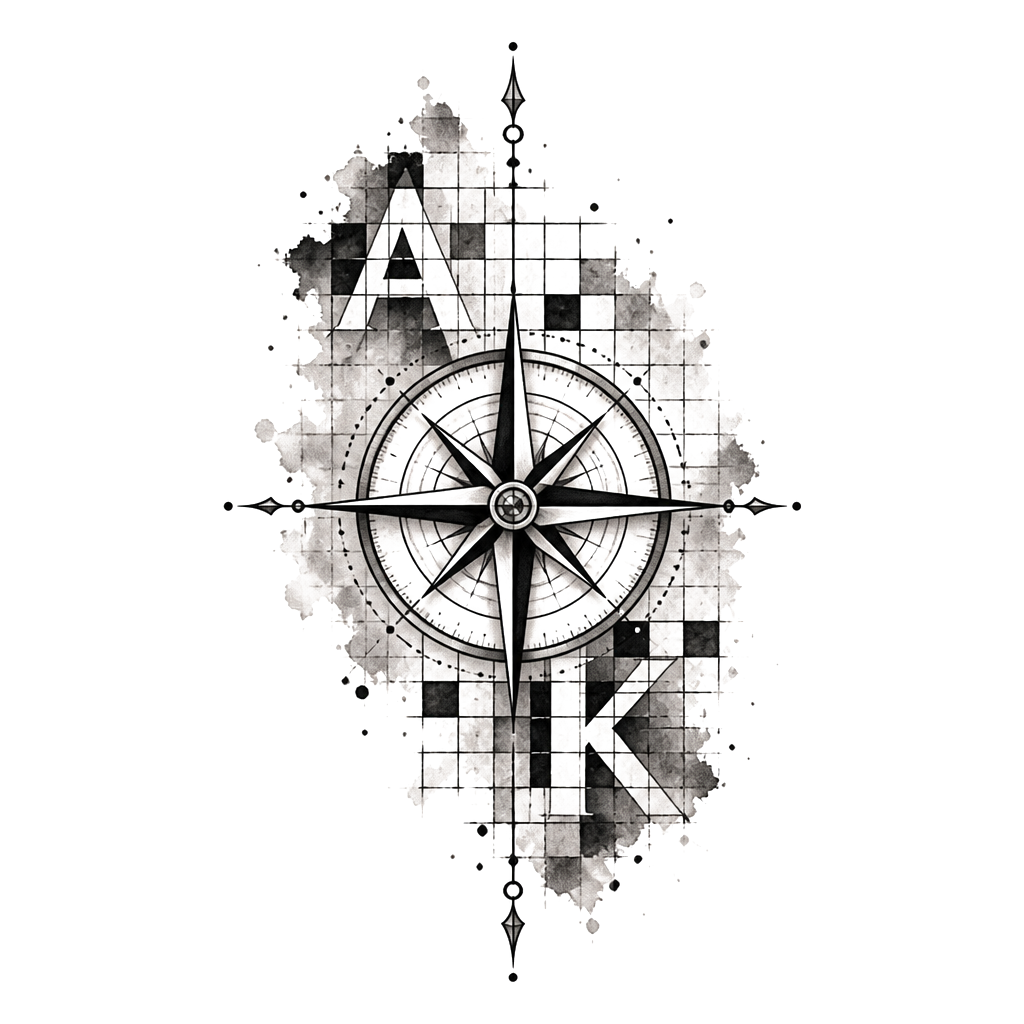Tattoo for a couple that has a compass and faded crossword in the background, and a hidden A and K