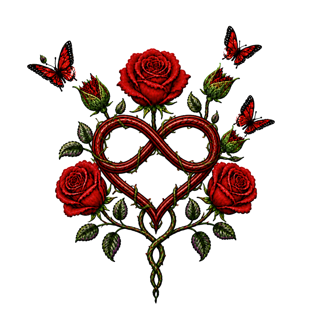 1 rote Rose, 1 geschlossene Rose wo ein Schmetterling entsteht,2 geschlossene Rosen an einen Strang wo aus den geschlossenen Rosen Schmetterlinge entstehen, 1 lila Rose und 1 rote Rose. Alles zusammen mit den Namen Fabian und Dèsirèe verbunden