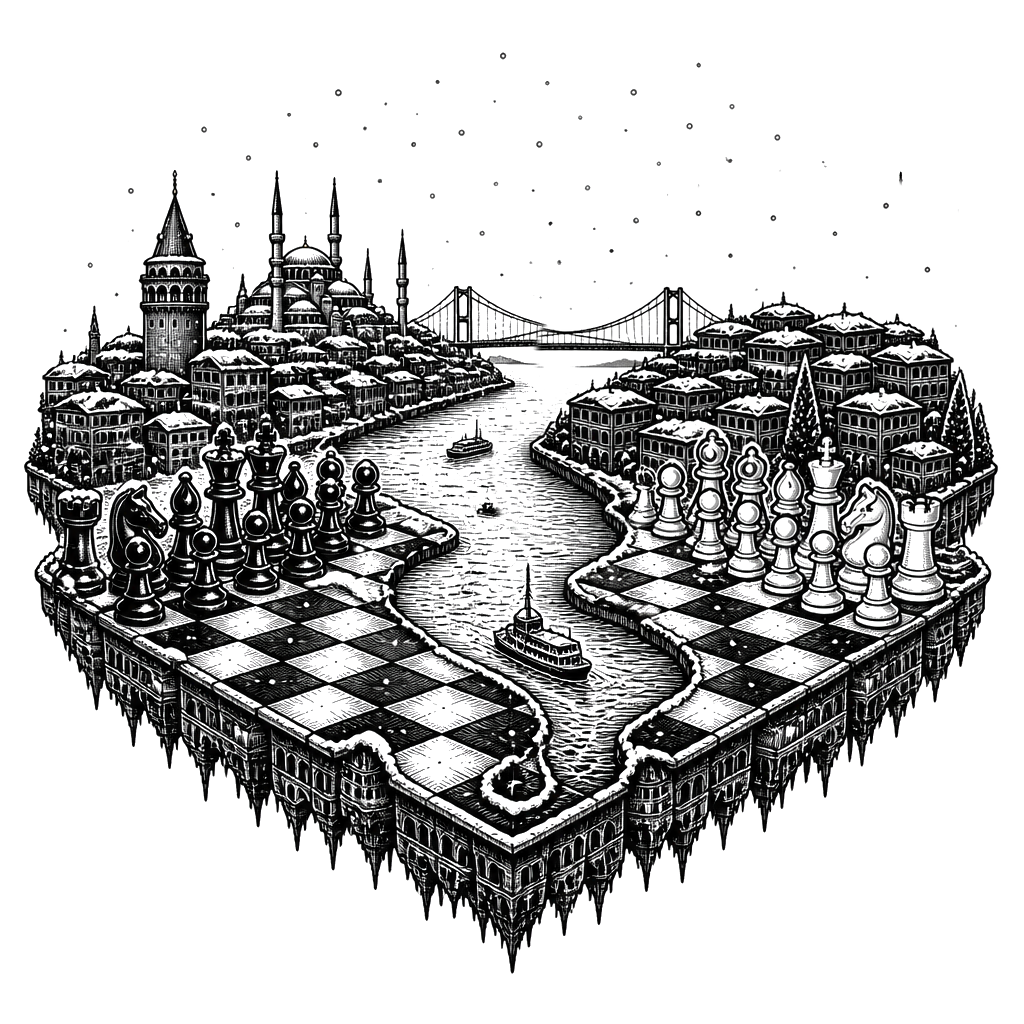 A chessboard forms Istanbul’s skyline beneath falling fresh snow, with the Bosp…