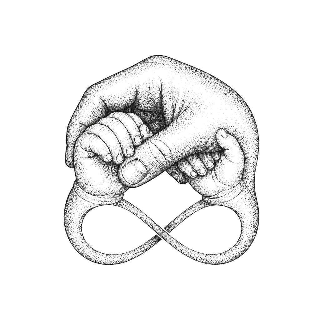 A father’s hand gently holding two small hands, their three wristlines forming a single continuous infinity loop.