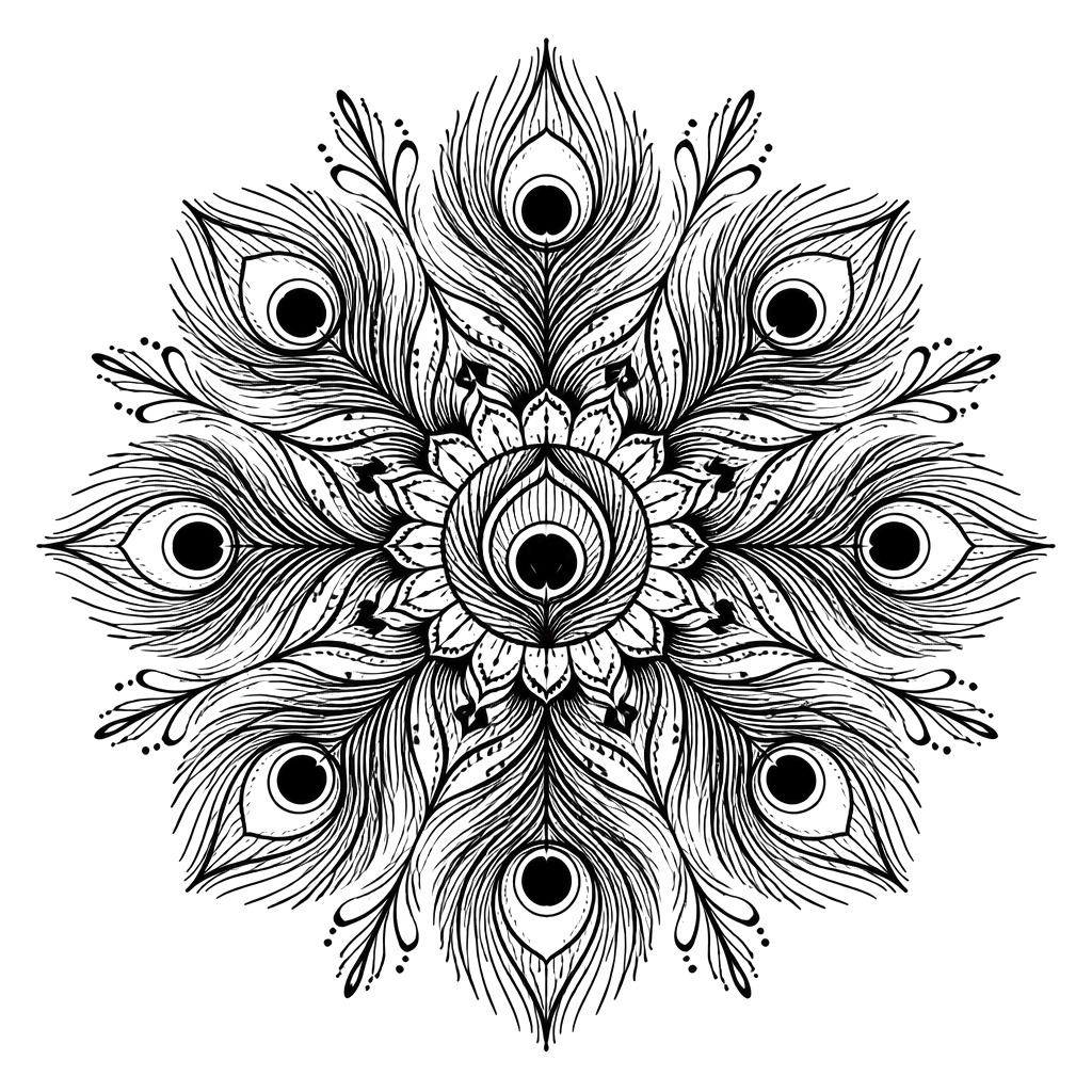 A peacock feather fanned into a full mandala