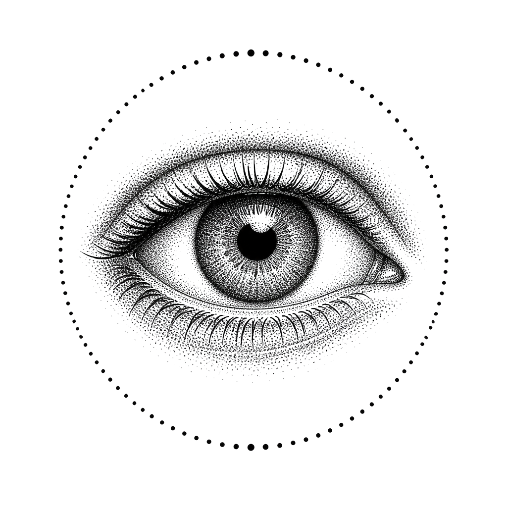 An eye stippled inside a dotted ring
