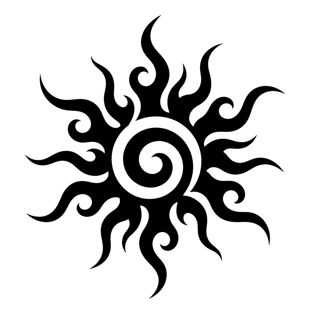 A bold tribal sun with curling black rays