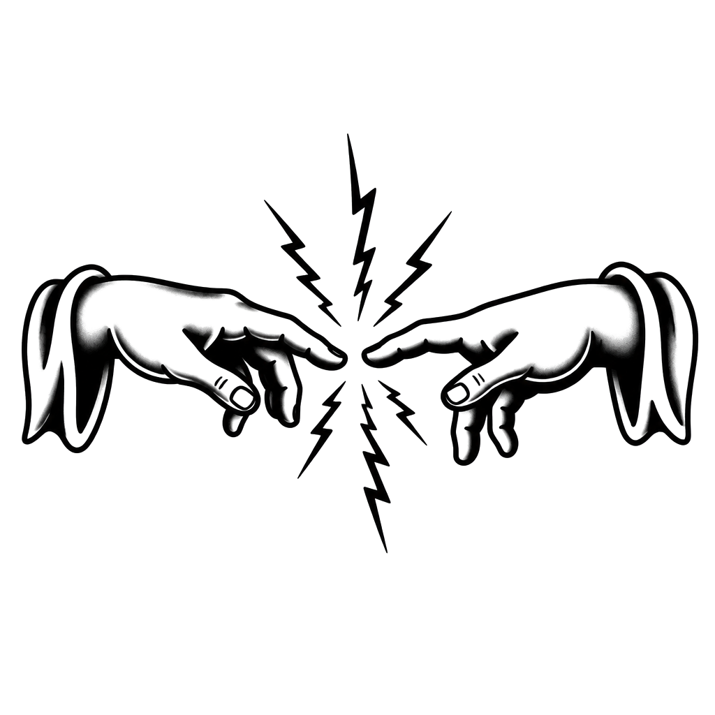 Two hands almost touching, lightning in the gap