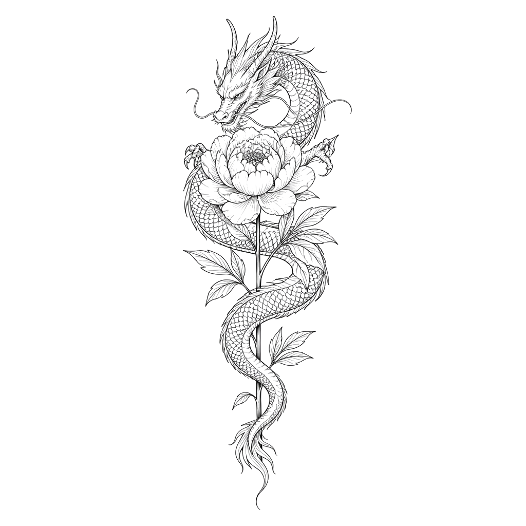 A dragon wrapped around a single peony stem