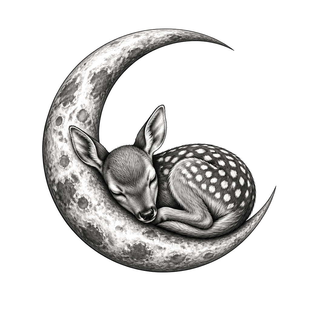 A crescent moon cradling a sleeping fawn