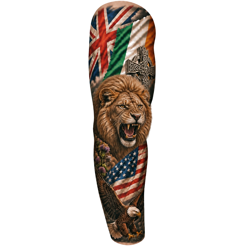 English and Irish tattoo with meaning that also is America. Create it in a full sleeve also include a female lion.