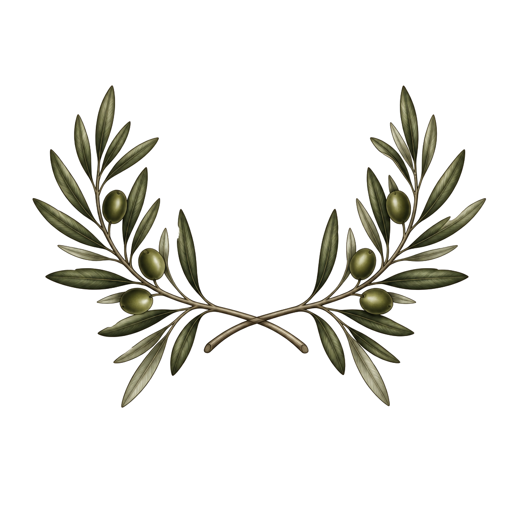 Symmetrical like crossed olive branches that are connected in the back and not in the front but ends in the front