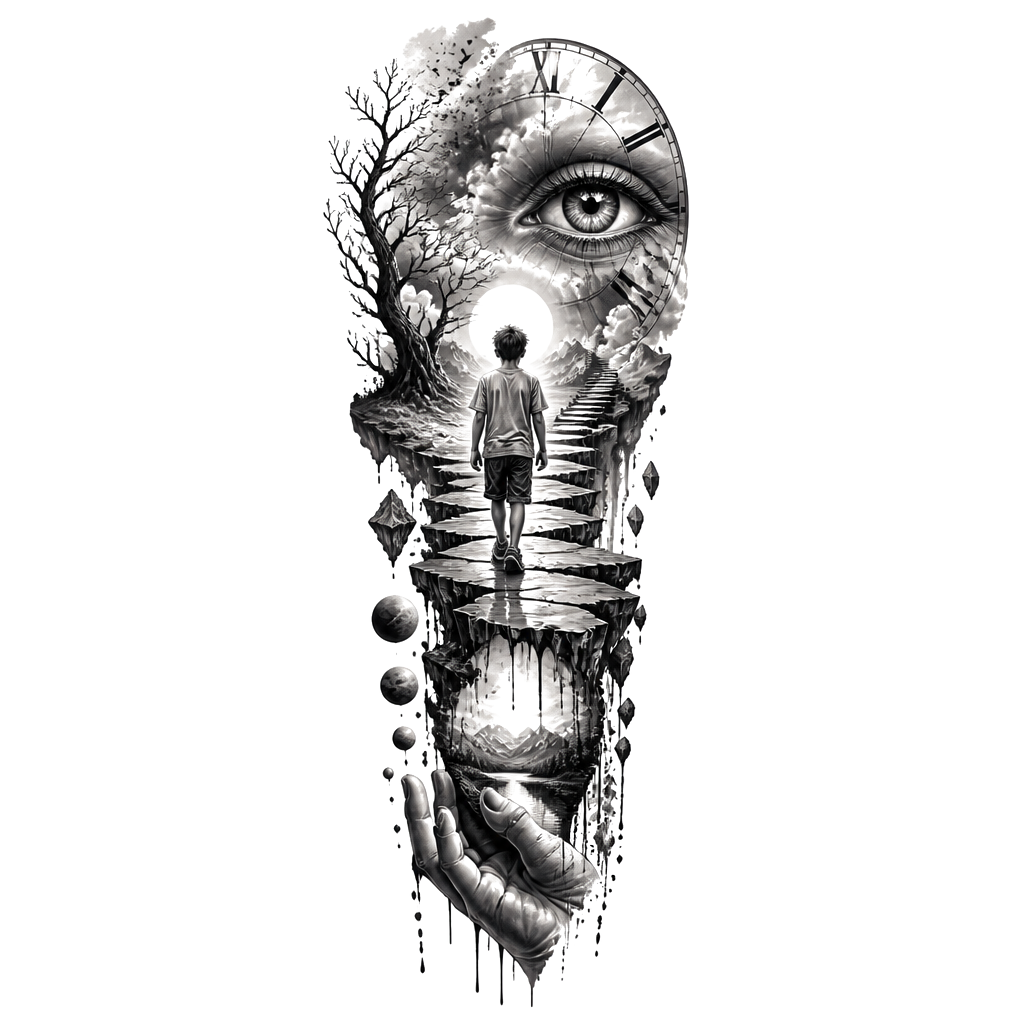 Boy walking tattoo sleeve with verse
