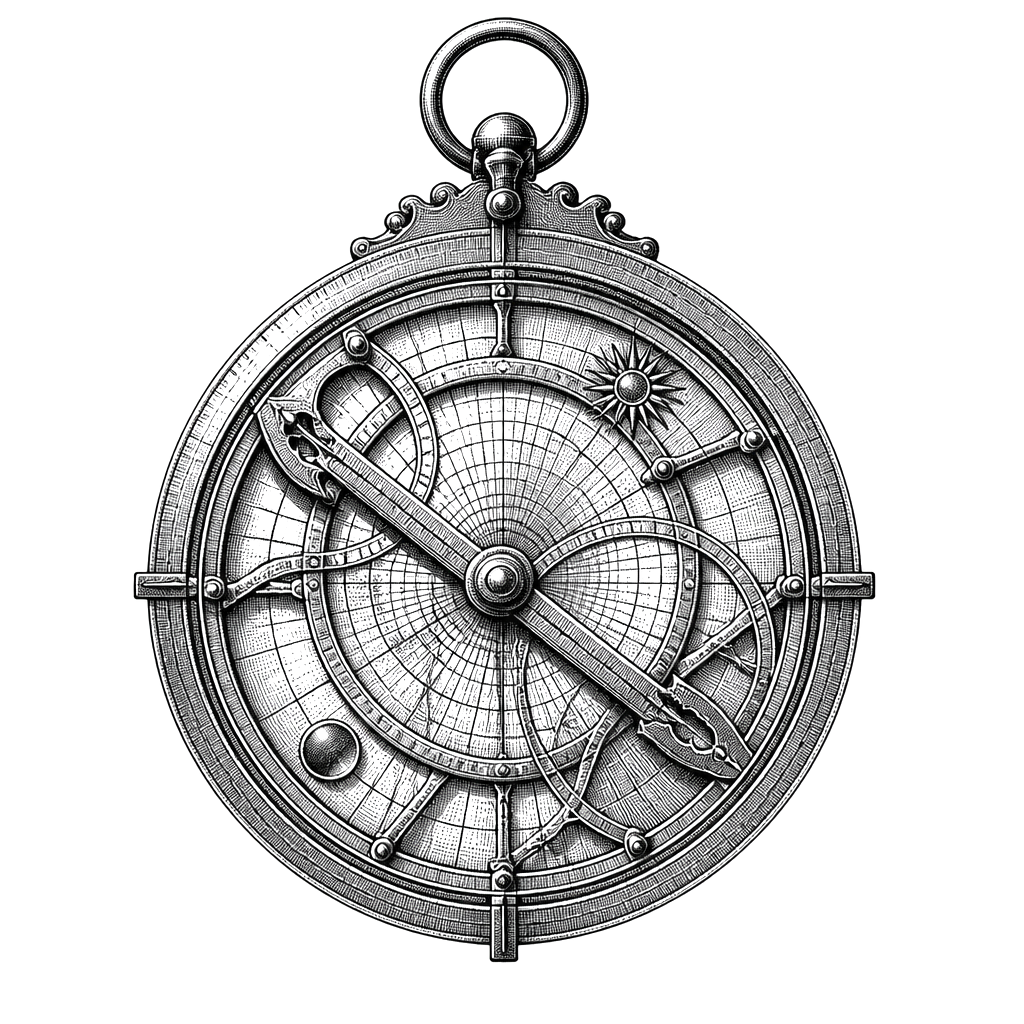 An astrolabe rendered in fine crosshatch