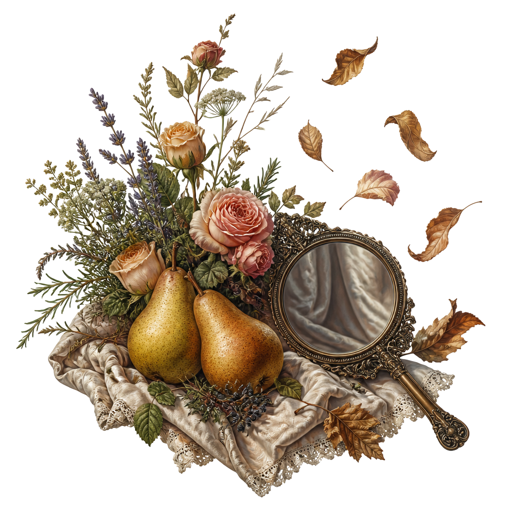 An elegant autumn still life of paired pears, roses, healing herbs, and a hand mirror on draped fabric, with windblown leaves creating airy, graceful movement.