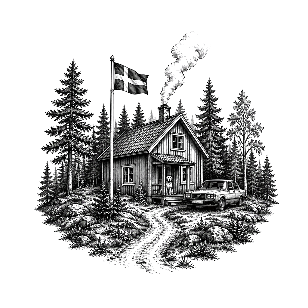 A forest with a house and a old Volvo next to the house and a flagpole with swedish flag and smoke coming from the chimney and a road coming the house and a dog on the front porch
