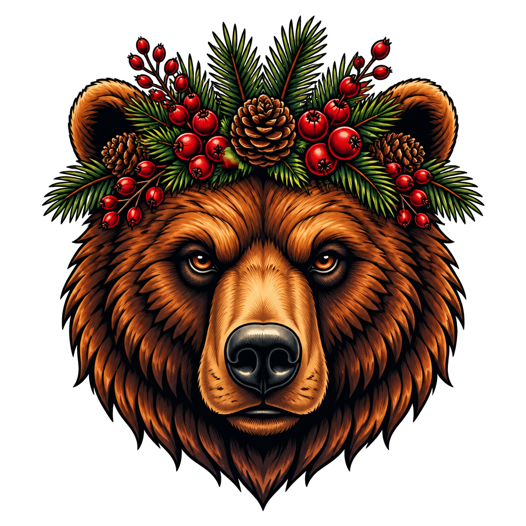 A bear head crowned with pine and berries