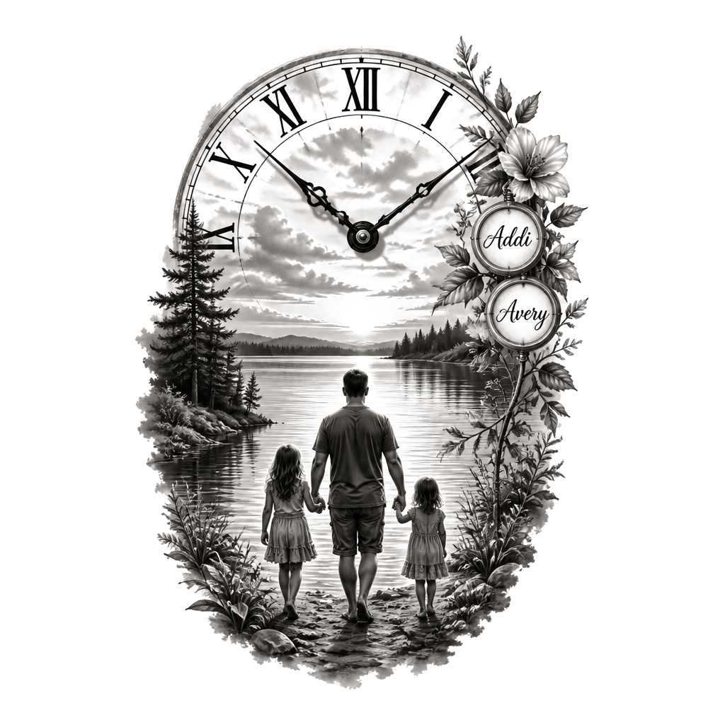 Lake background with a dad and two little girls walking towards it holding hands. One girl taller than the other. A clock with Roman numerals and the little girls names Addi and Avery somewhere in it.