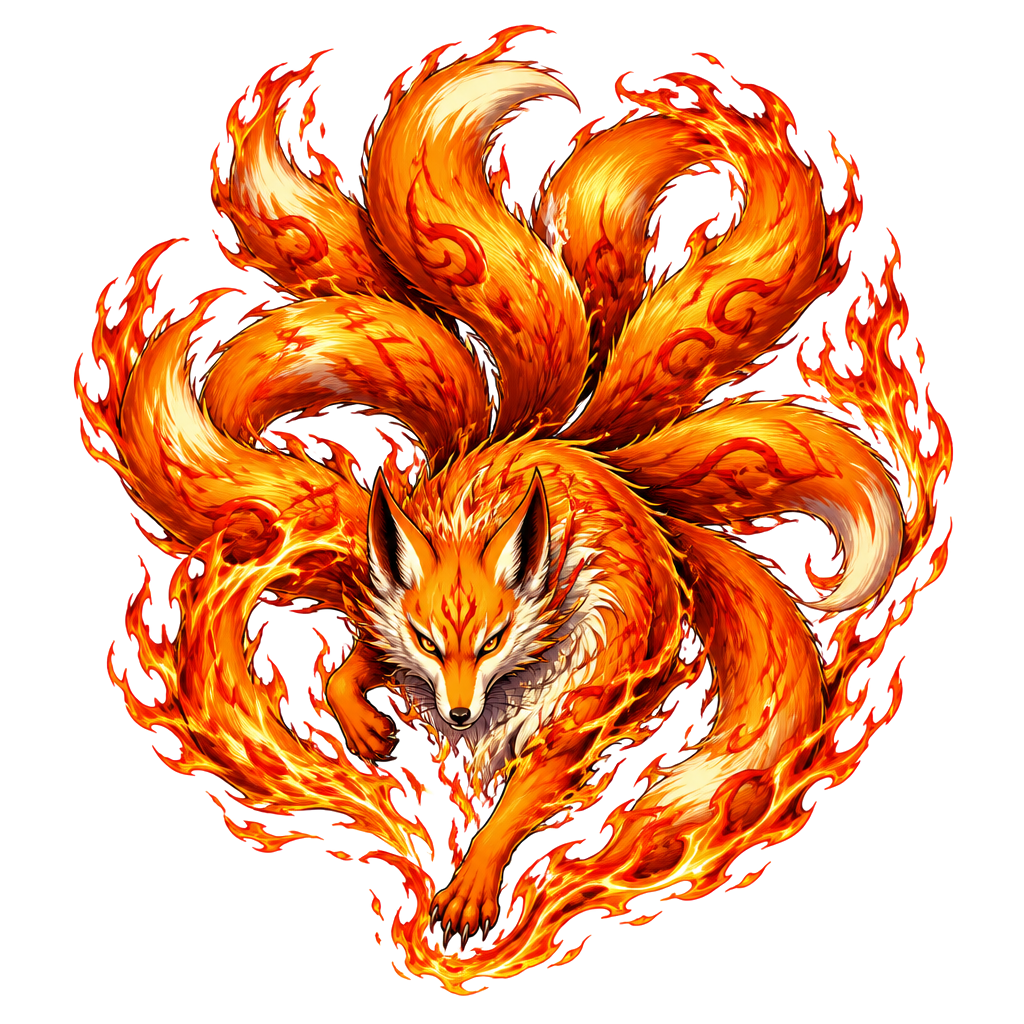 A nine-tailed fox spirit wreathed in flame