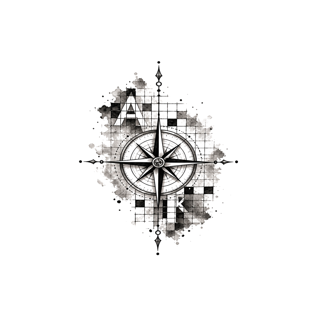 Tattoo for a couple that has a compass and faded crossword in the background, and a hidden A and K