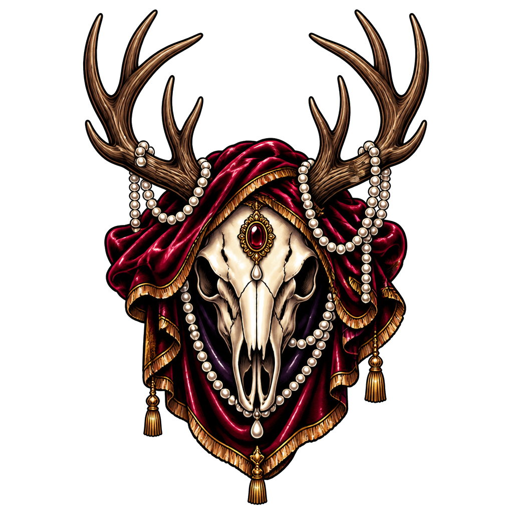 A stag skull draped in velvet and pearls