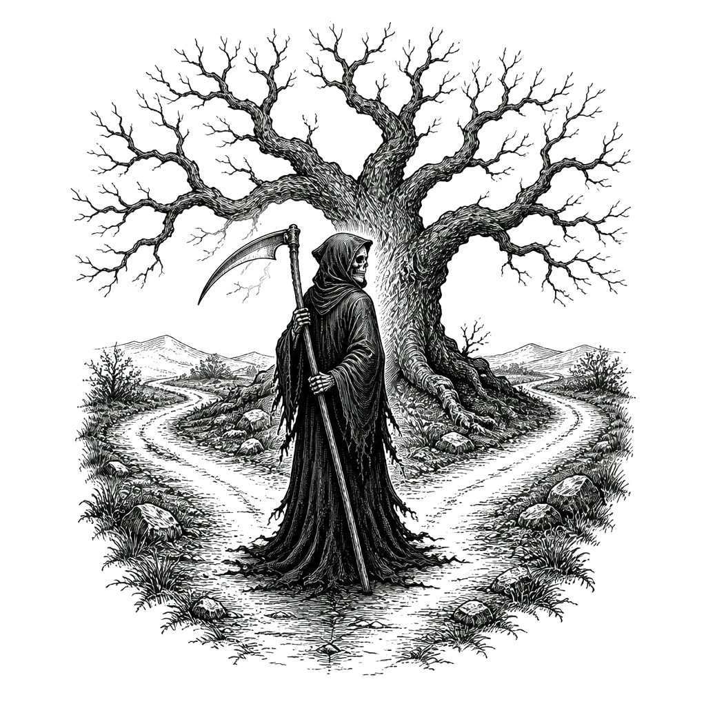 A reaper standing at a crossroads beneath a bare oak