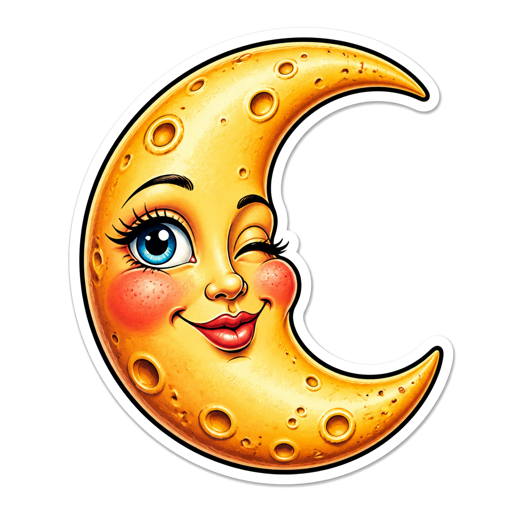 A die-cut winking crescent moon