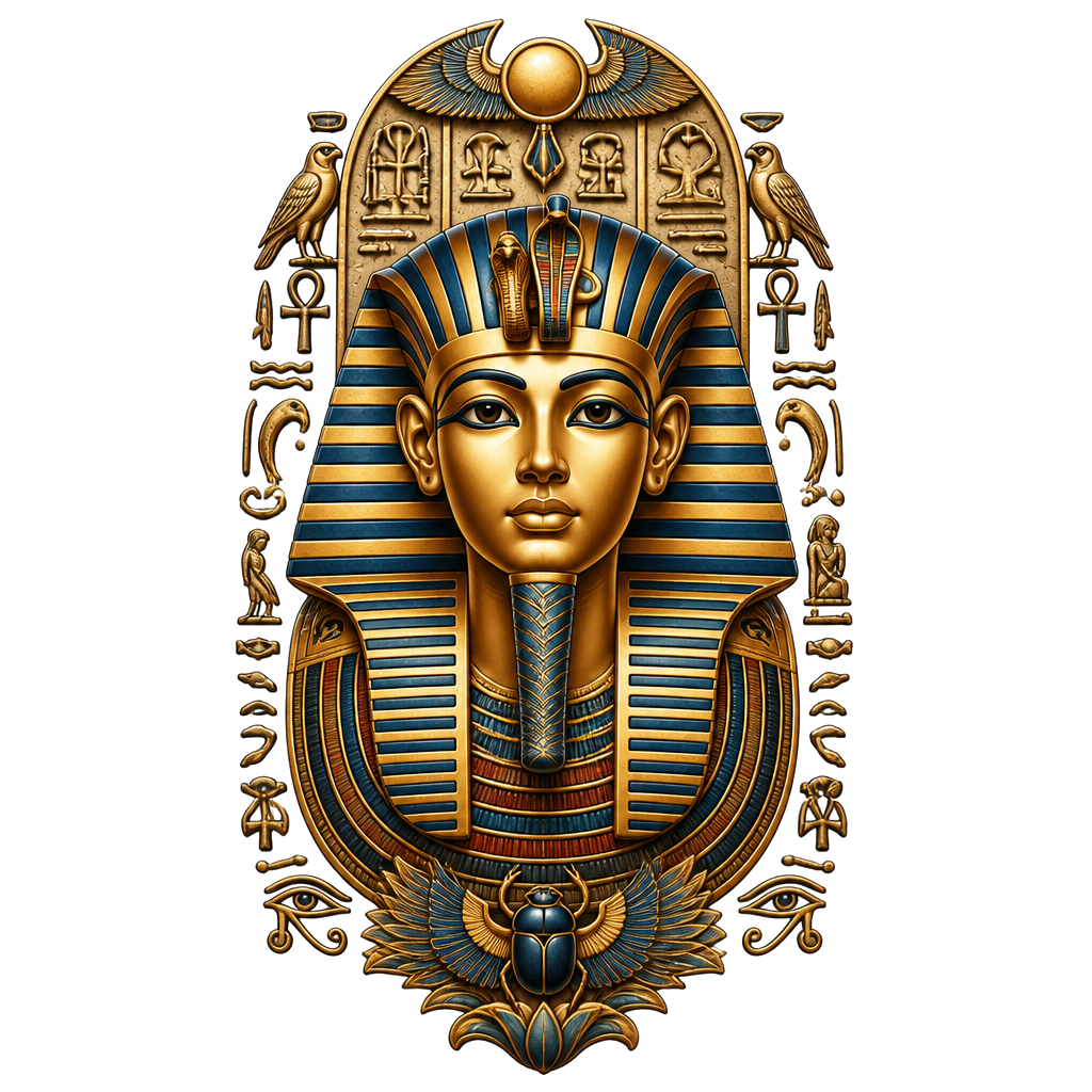 King tut with hieroglyphs
