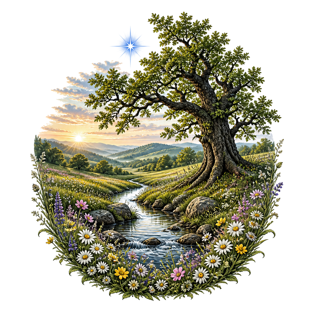 Small spring landscape vignette: a fertile meadow with blooming wildflowers, a winding stream, sturdy old oak, distant rolling hills, and a bright morning star above.