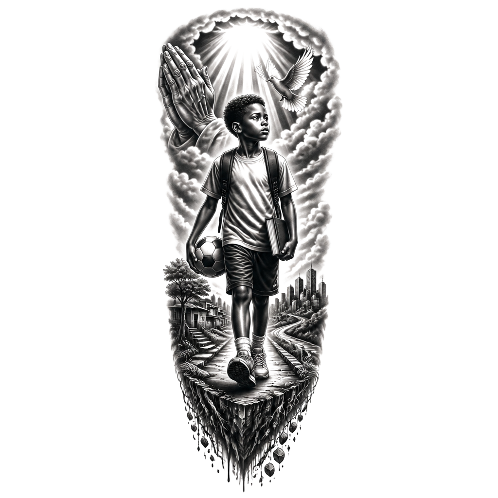 Black Boy walking with football in one hand the other a book tattoo sleeve with verse