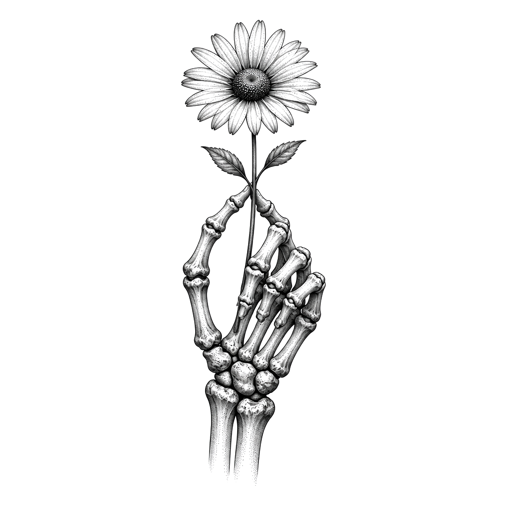 A skeleton hand offering a daisy