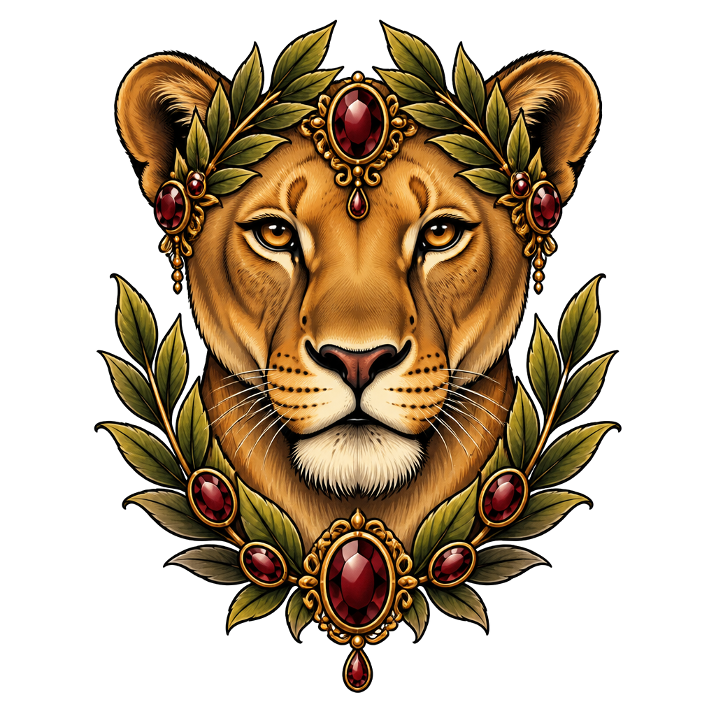 A lioness crowned with laurel and garnets