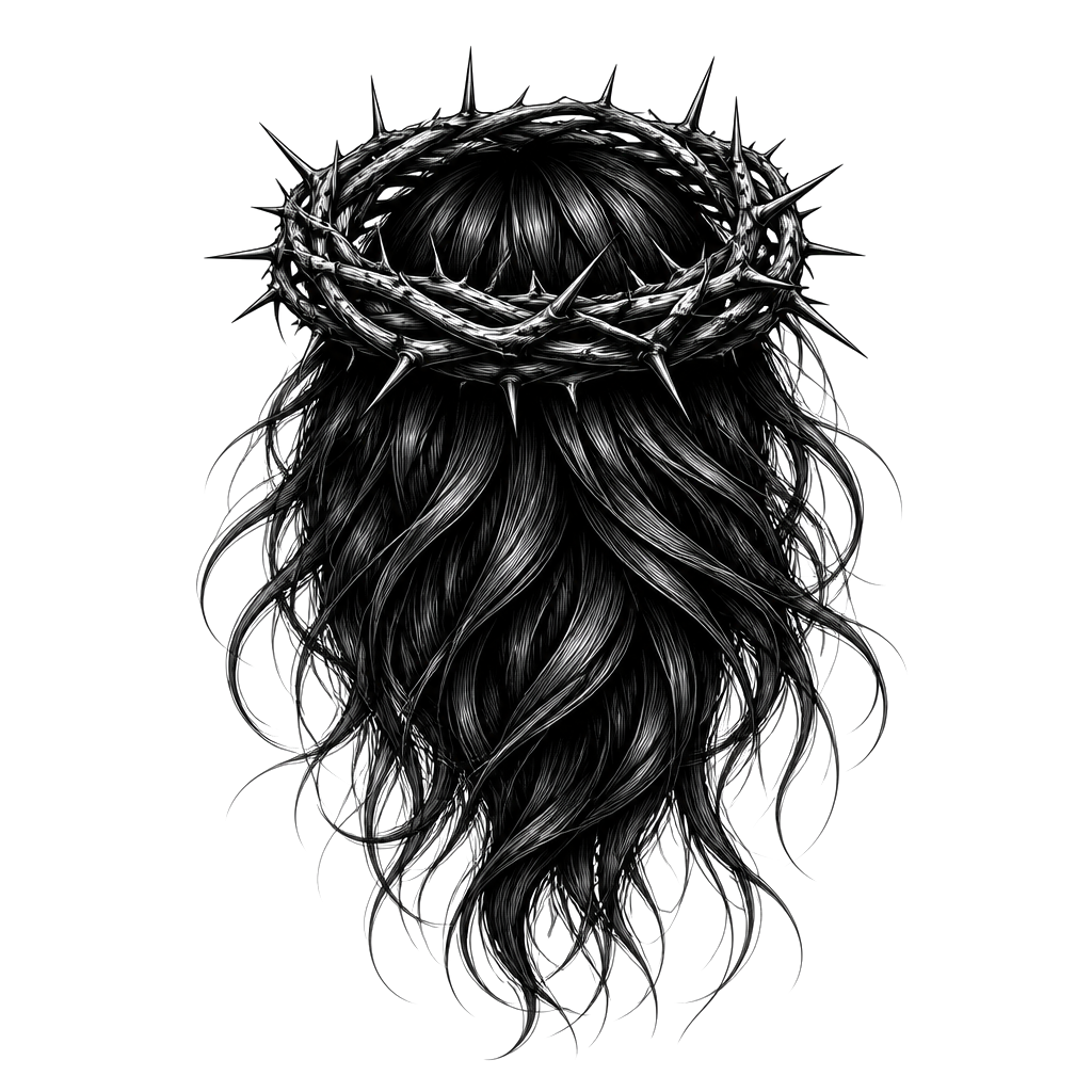 A crown of thorns resting on loose falling hair