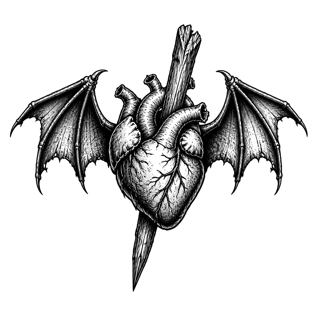 A bat-winged heart pierced by a wooden stake