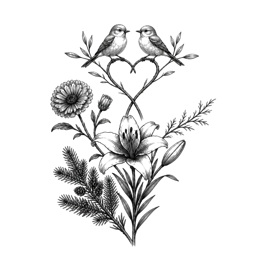 Ich brauche bitte ein Erinnerungs tattoo für meine Mutter. 
Geburtsblume: Ringelblume und die Cosmea (auch Schmuckkörbchen genannt).
Lieblingsblumen: Lilien, alpenvichte und Edelweiß 
Geburtstag 28.10.1937 
Todestag 7.5.2022
Und bitte zwei verbundene Elemente :zwei kleine Vögel

Ein Anfänger wird das tattoo stechen
