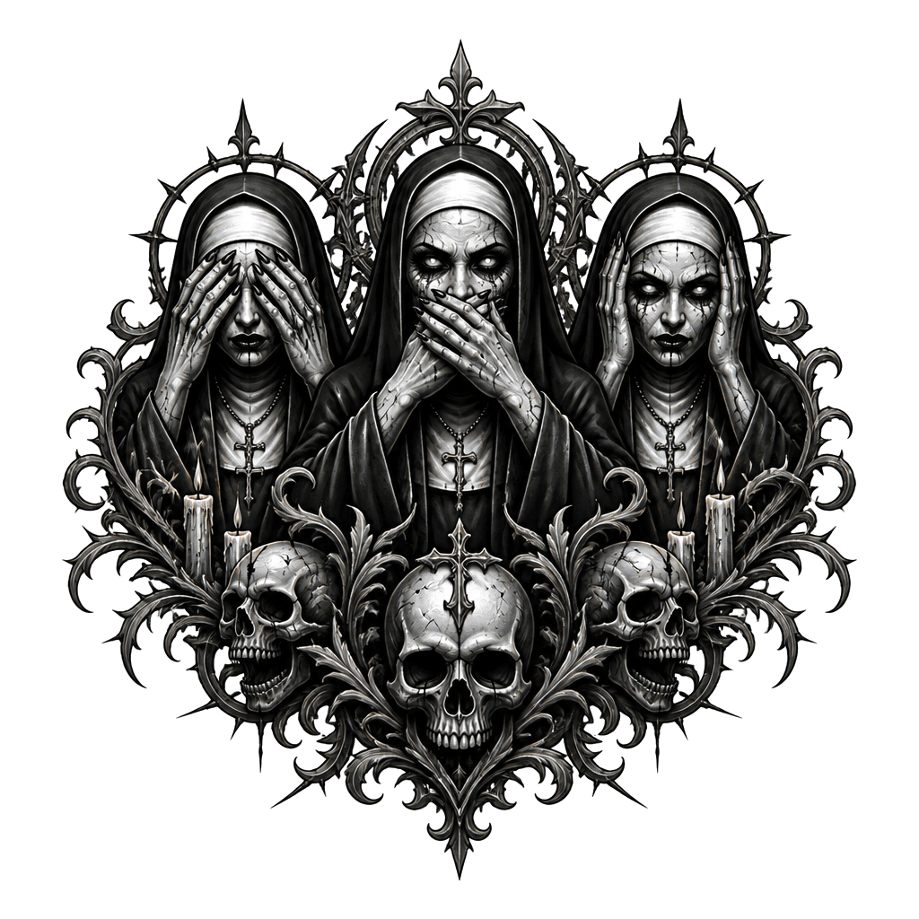 “Speak no evil see no evil hear no evil” with 3 evil nuns behind the writing with extras