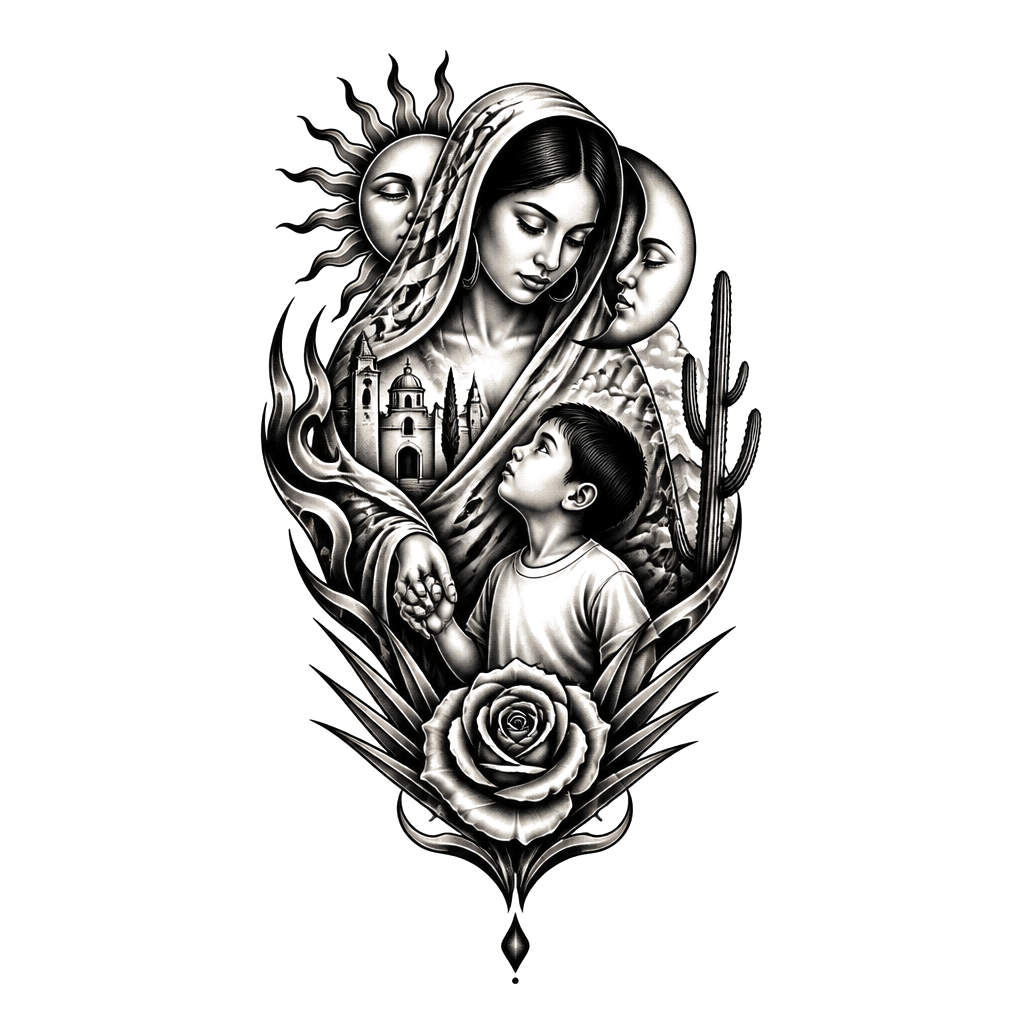 Mexican mother holding her sons hand