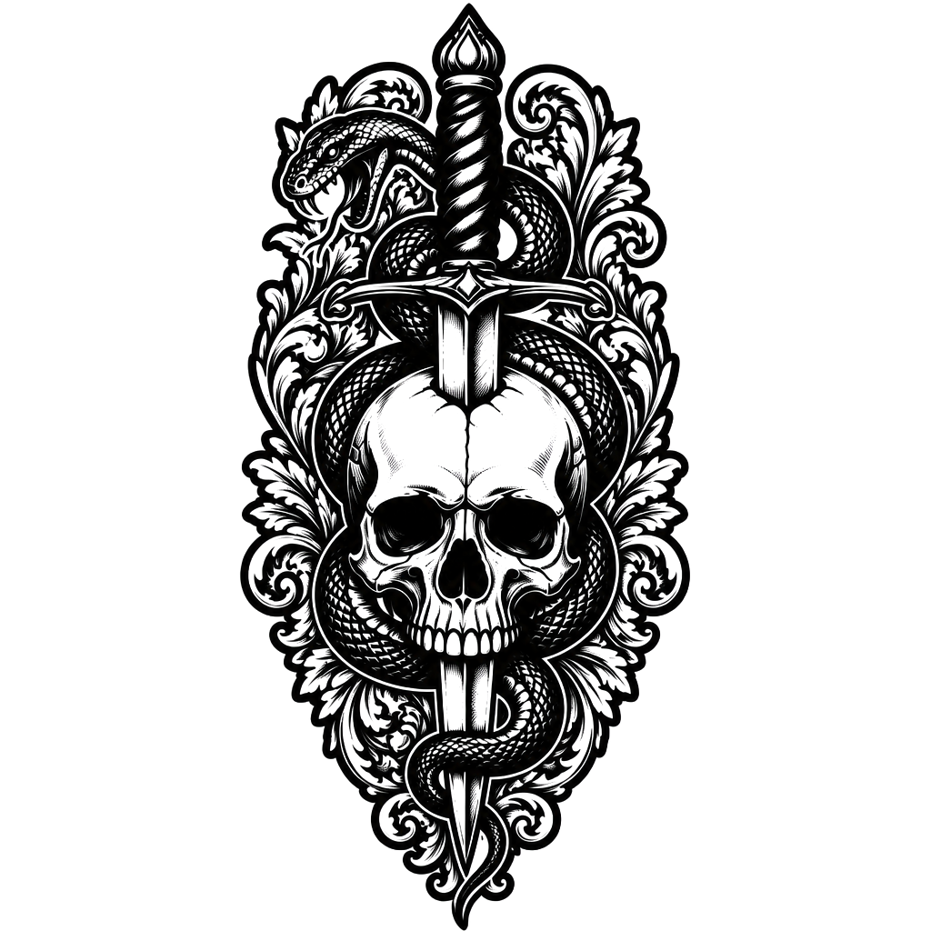 A dagger snake and skull