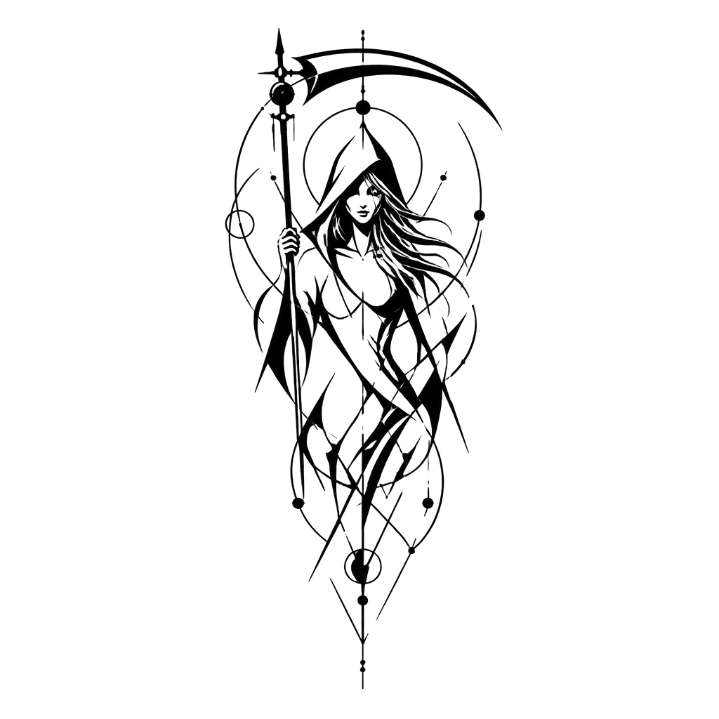 A woman reaper holding a scythe