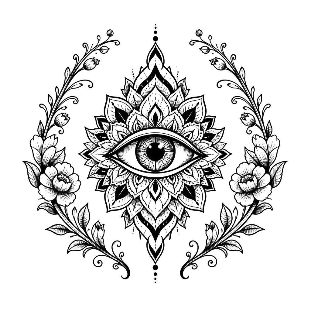 A mandala eye set between two curved florals
