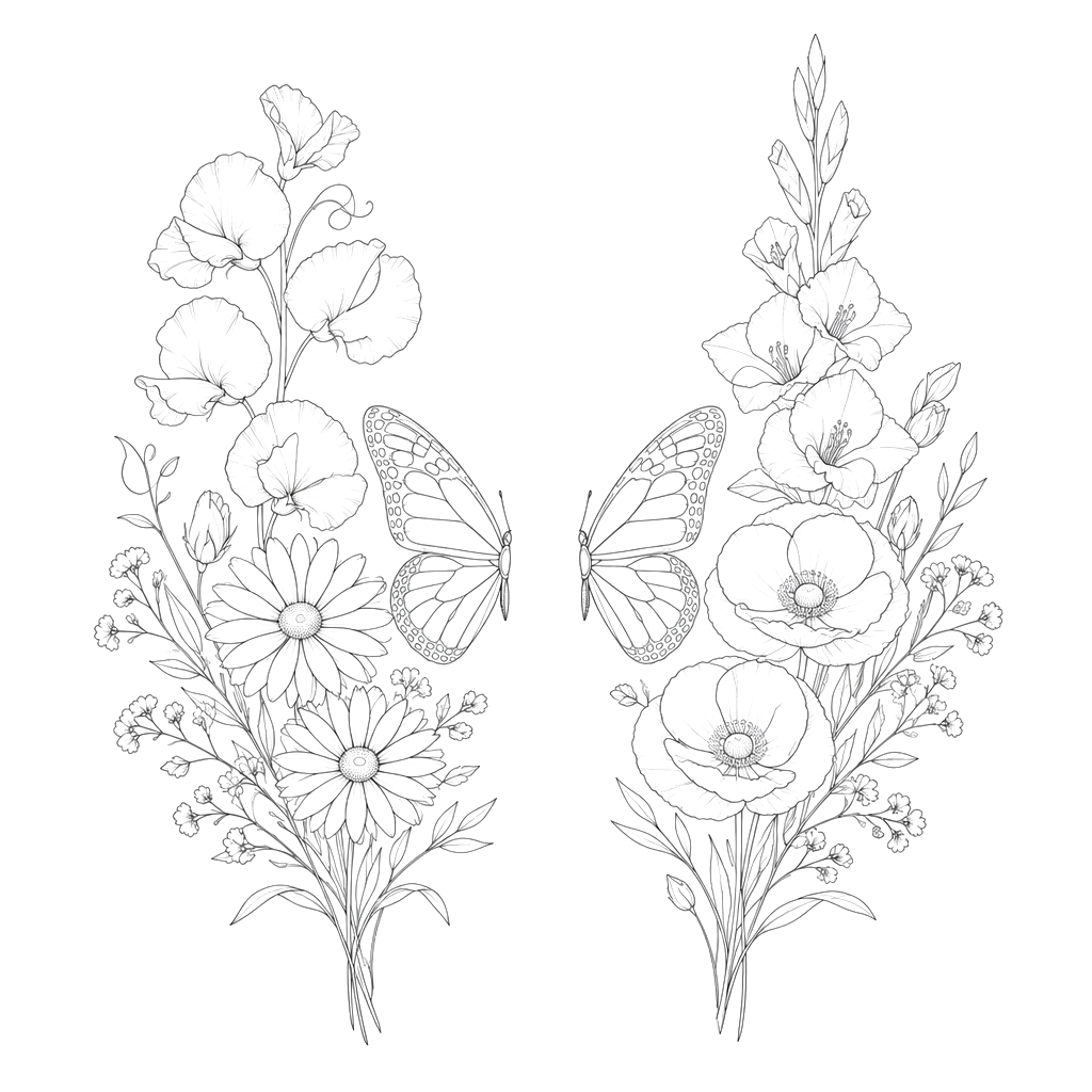A bouquet of flowers of the bath flowers of April and August 2 separate designs with butterflies that match up when put together like they connect