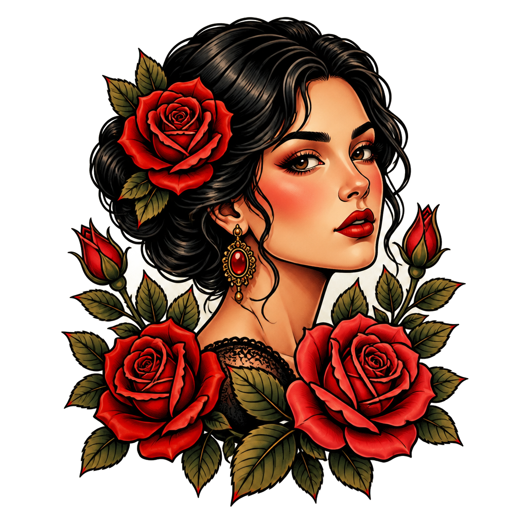 A woman's portrait framed by blooming roses