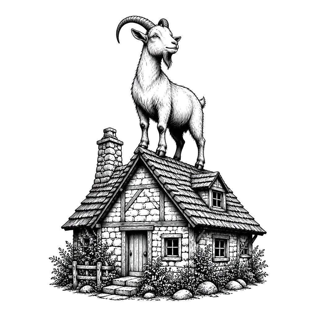 A goat standing proudly on a cottage roof